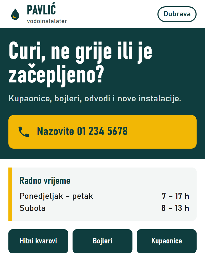 Ista tvrtka na novoj stranici drugačijeg izgleda: veliki žuti gumb za poziv, radno vrijeme i popis usluga.