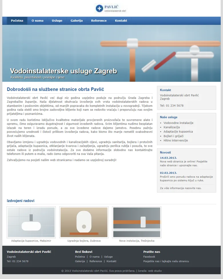 Stranica izmišljenog vodoinstalatera Pavlić na mobitelu, u starom izdanju: sitan tekst, broj telefona bez poveznice, godina 2013. u podnožju.
